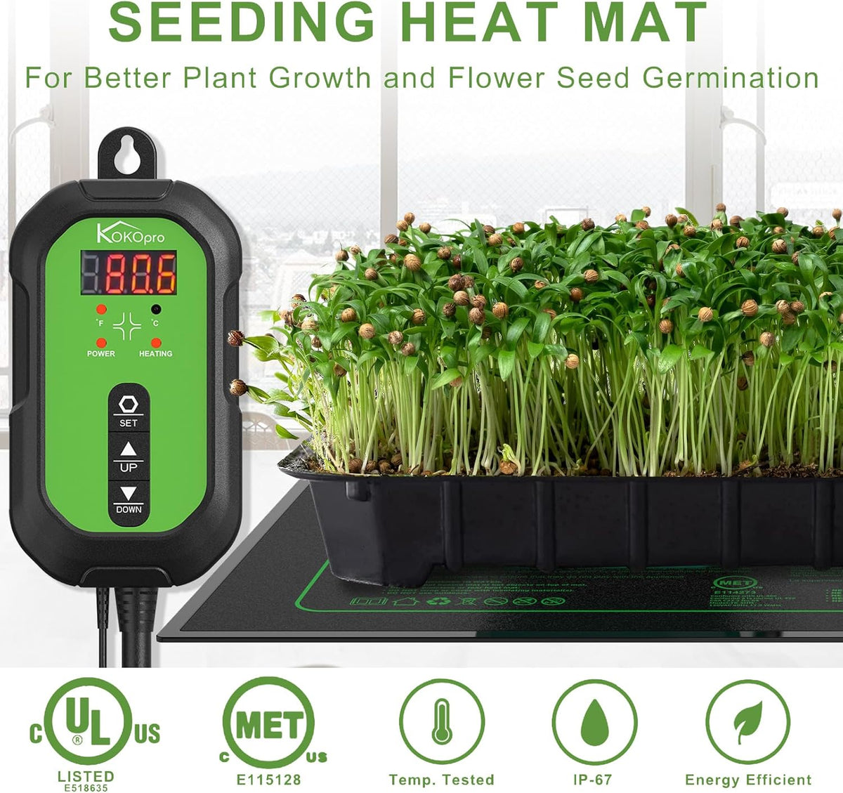 10"x 20" Seedling Heat Mat and Digital Thermostat Combo Set - KOKOPRO Warm Hydroponic Heating Pad