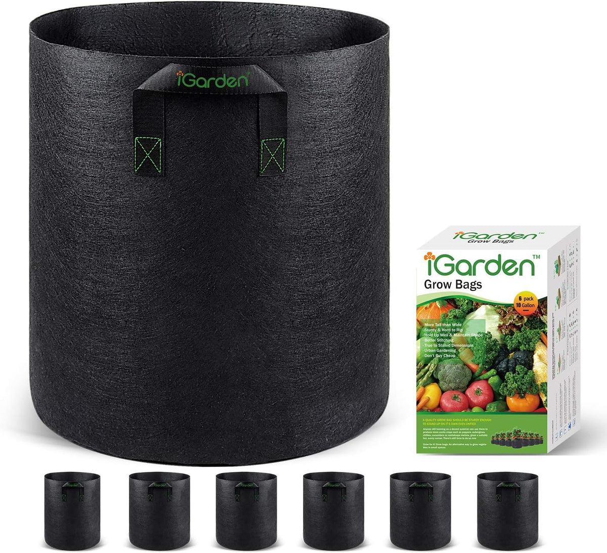 Grow Bags Tall, 10 Gallon Grow Pots 6 Pack with Handles, Heavy Duty 320G Thickened Nonwoven Fabric