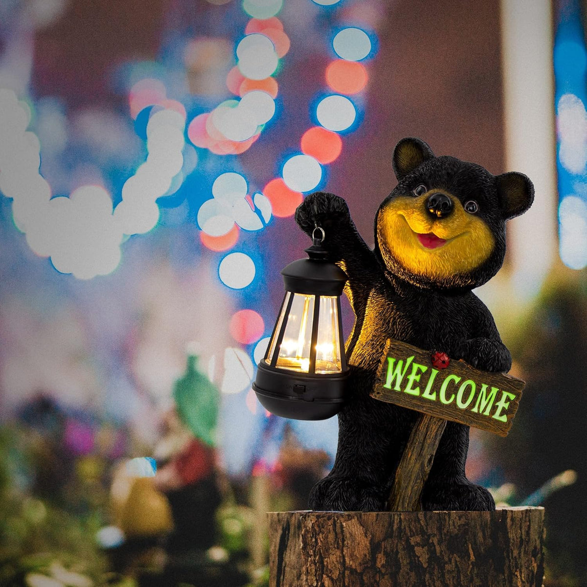 Juegoal Garden Bear Statue with Solar LED Lantern, Luminous Welcome Sign, Gifts for Mom Yard Art