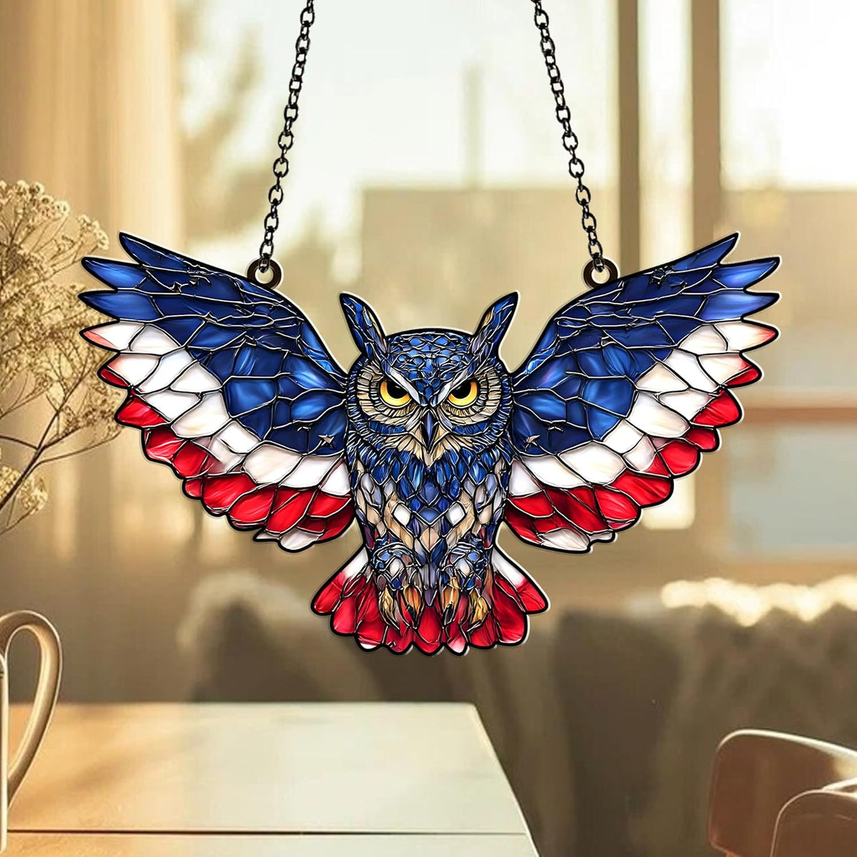 American Flag Owl Suncatcher – Acrylic Suncatcher Window Hanging – Patriotic Owl Decor for Home