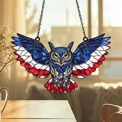 American Flag Owl Suncatcher – Acrylic Suncatcher Window Hanging – Patriotic Owl Decor for Home