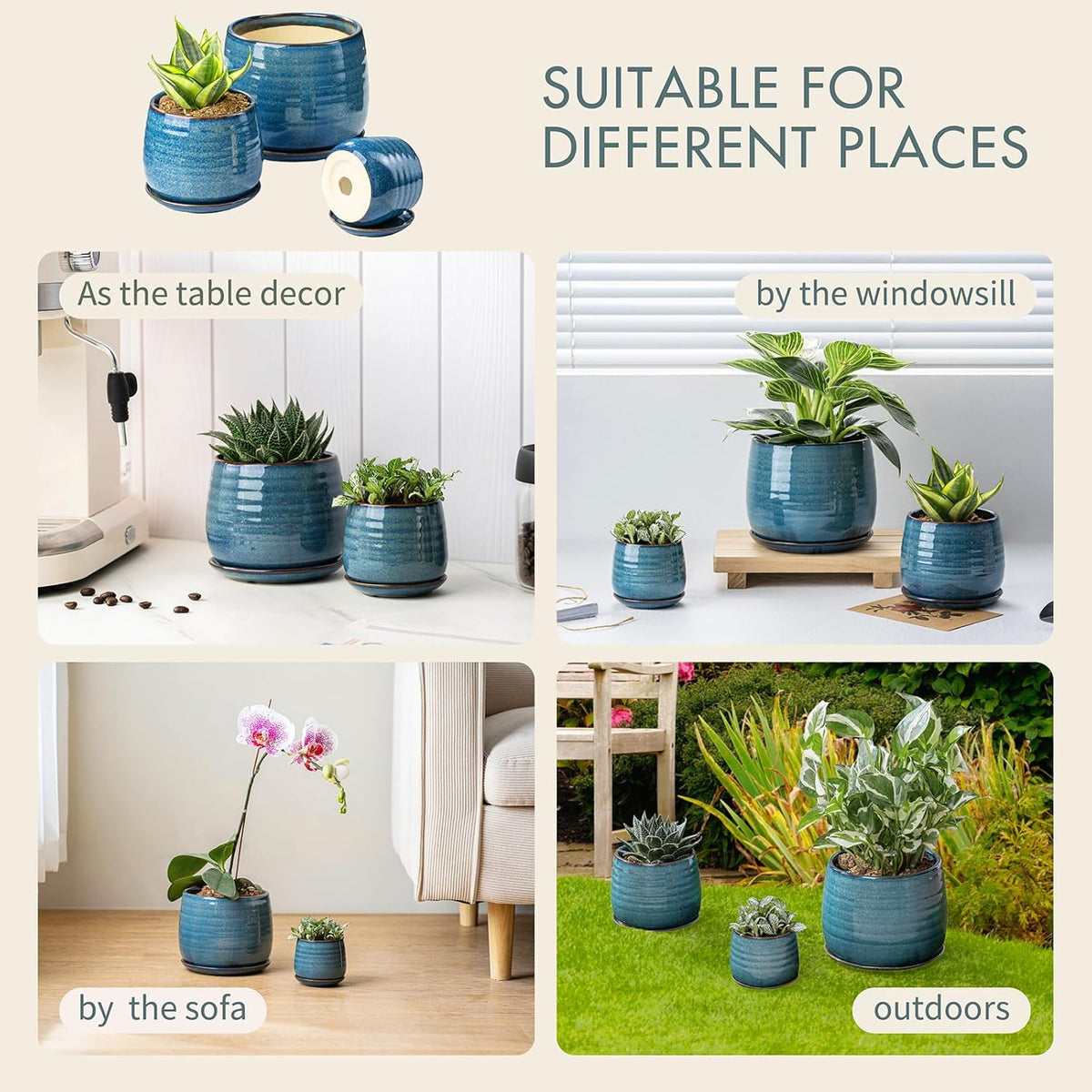 Ceramic Plant Pots with Drainage Holes and Saucers, Indoor Flower Pots for Plants Set of 3