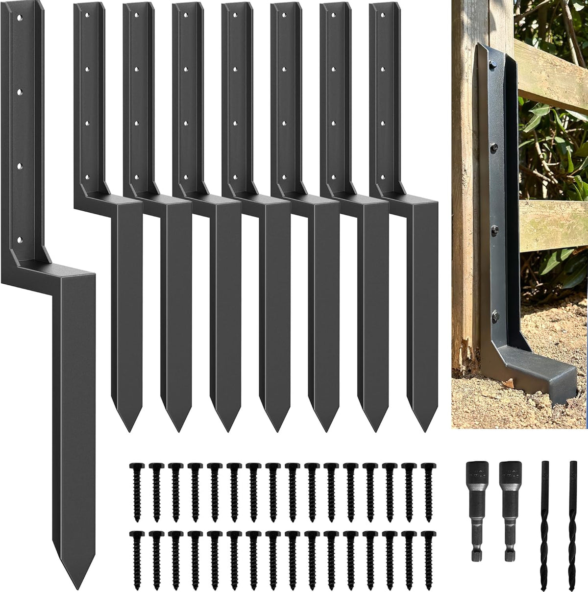 Fence Post Repair Kit - One-Piece Steel Anchors & Stakes to Quick Fix Broken/Leaning 4x4/6x6 Wood