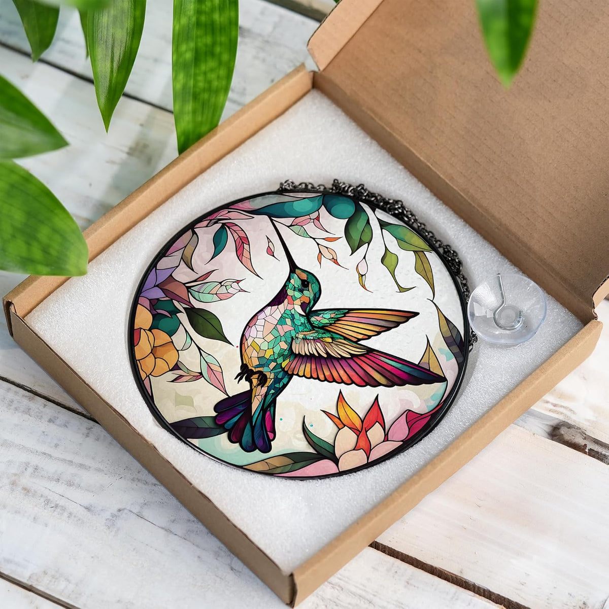 6" Hummingbird Stained Glass Suncatcher, Bird Handcrafted Suncatcher Window Hanging, Nature Floral