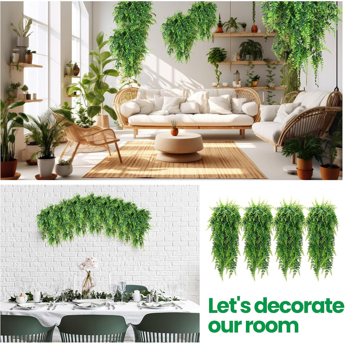 Geosar 42 Pcs Artificial Hanging Plants 32 Inch Hanging Boston Ferns Plastic Fake Plants for Wall