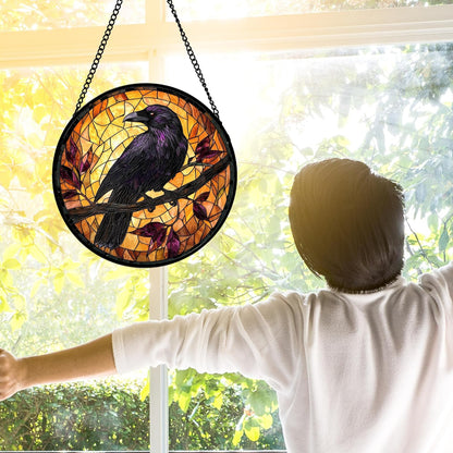 Stained Glass Window Hanging - Crow on a Branch Suncatcher Ready to Hang Window Doors Home