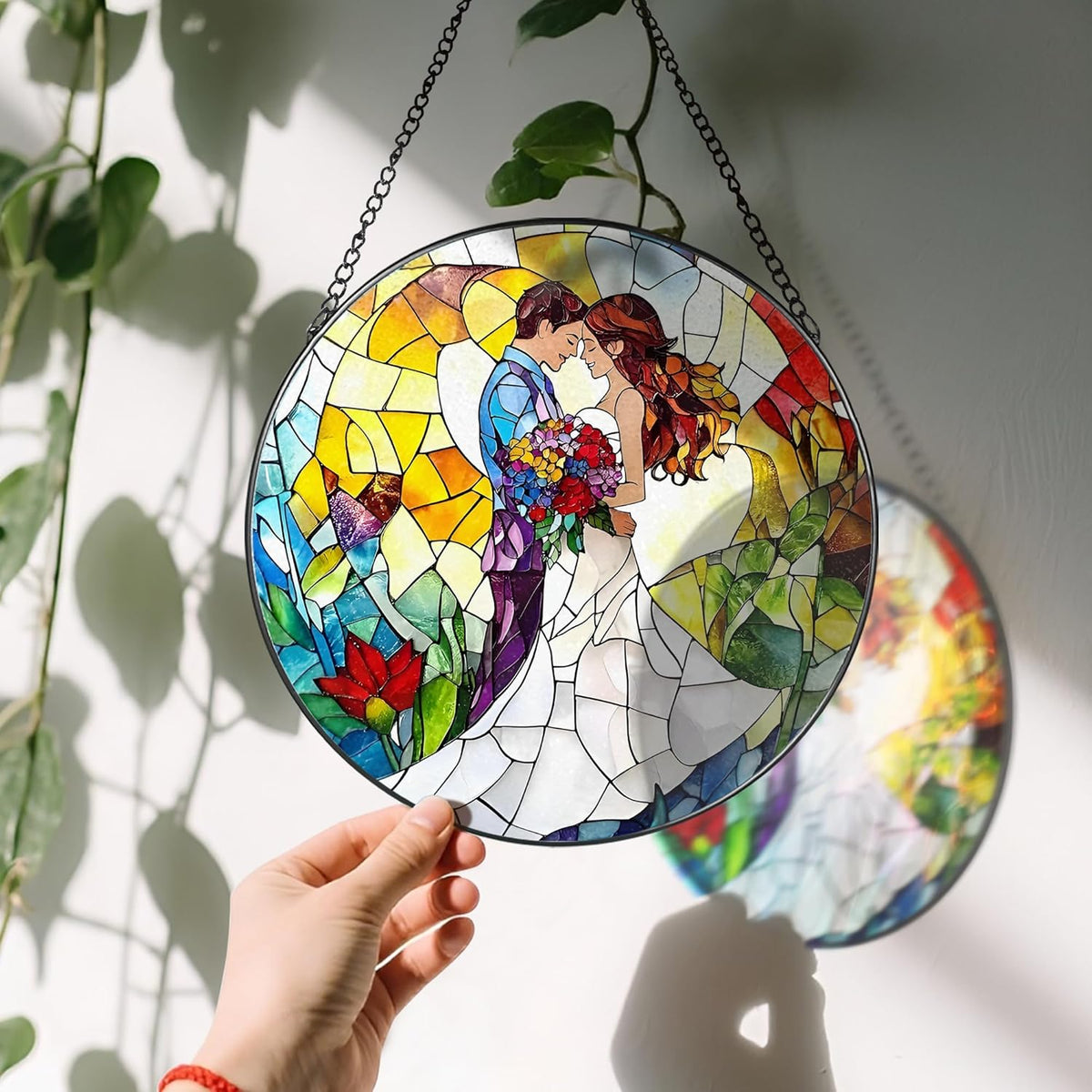 8'' Romantic Couple Wedding Sun Catcher Ornament, Stained Glass Window Hanging, Suncatchers for