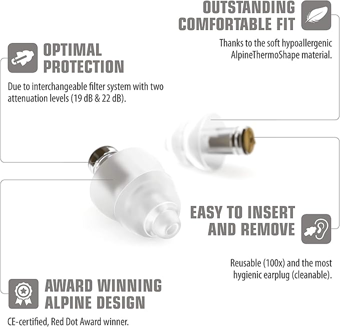 Alpine MusicSafe - High Fidelity Earplugs for Musicians - 2 Interchangeable Filter Sets: 19 & 22 dB