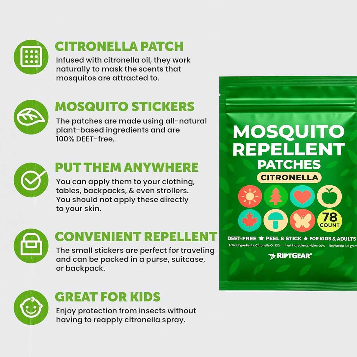 RiptGear Mosquito Patches - 78 Pack of Bug Stickers for Kids and Adults, Natural Citronella Patch