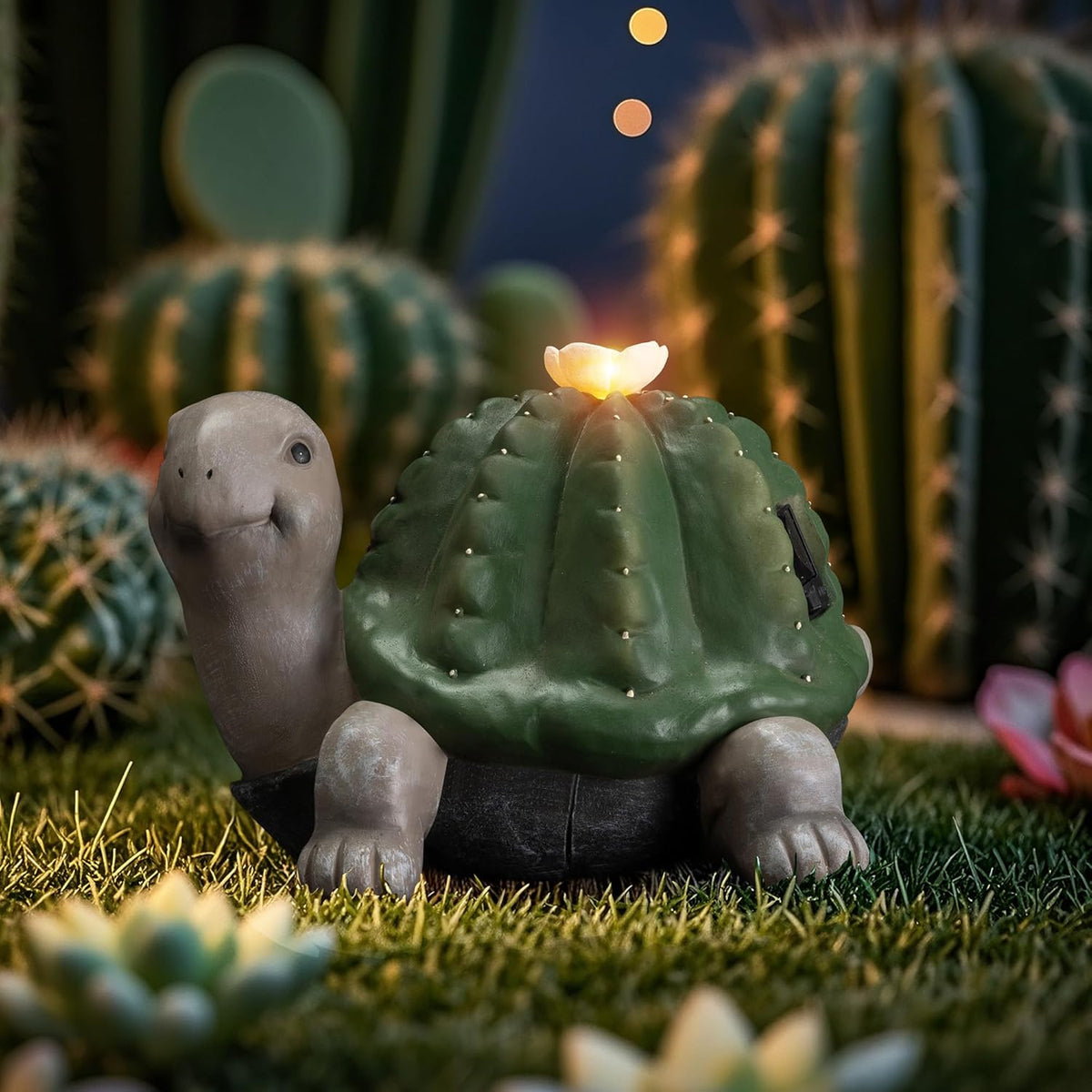 Solar Cactus Turtle Statue Garden Decor Light - Outdoor Decorative LED Flower, Suitable for Patio