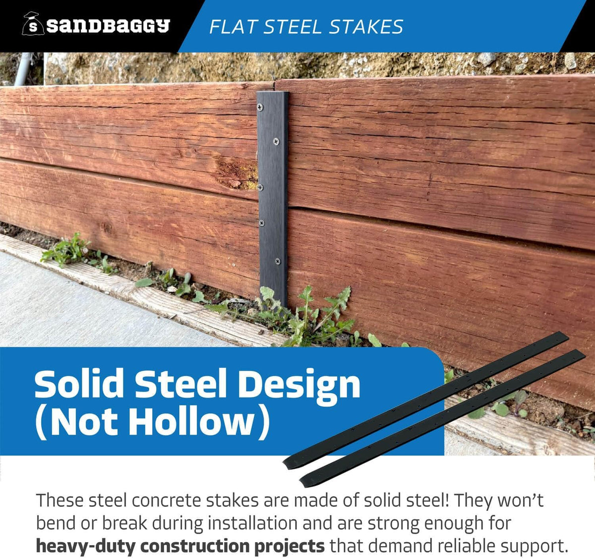 Sandbaggy Flat Steel Stakes for Concrete Forms with Nail Holes - 1.5" Wide - Painted - Removable