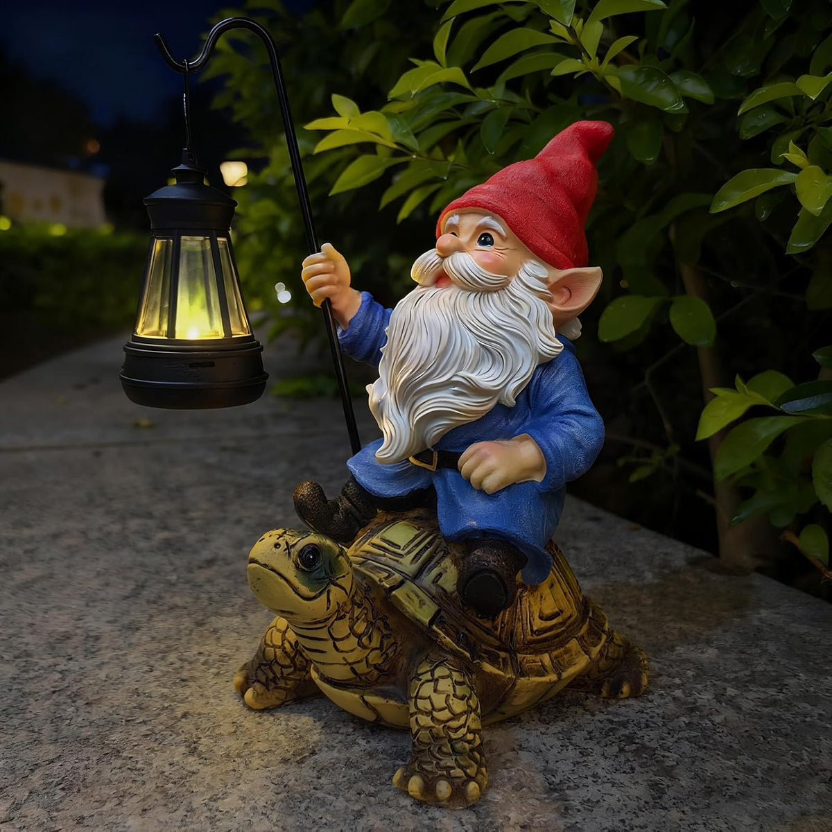 Garden Gnome Statue Riding Turtle - Garden Gnomes Decorations with Solar LED Lights, 7.9" Outdoor