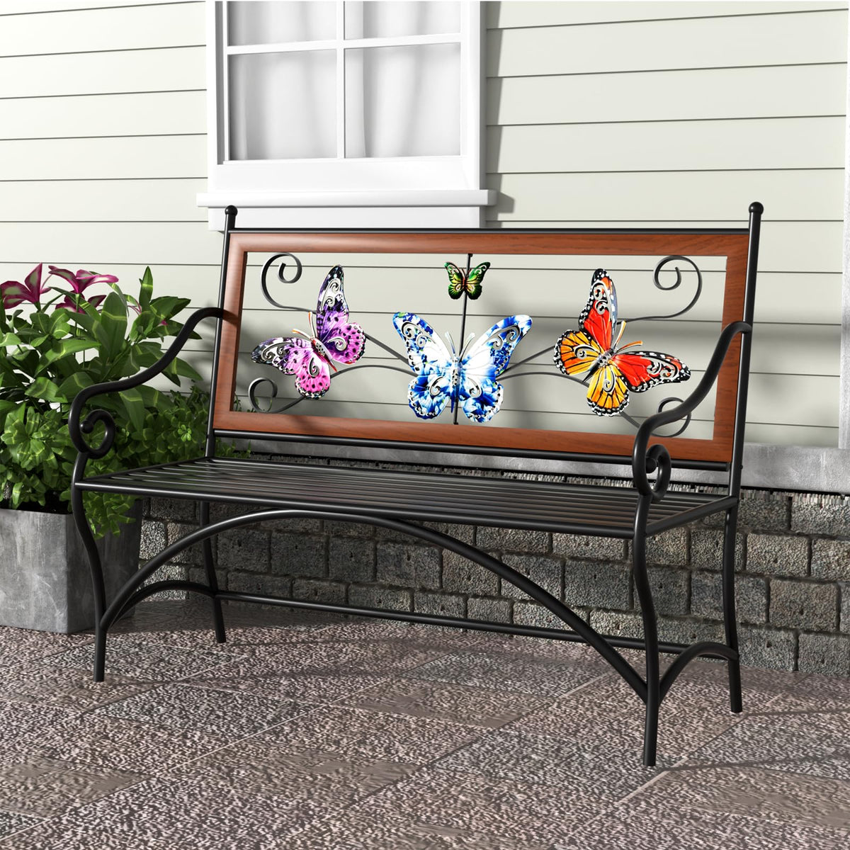 39.7" Outdoor Bench, Garden Bench, Patio Bench with Armrest, Slatted Seat and Butterfly Pattern