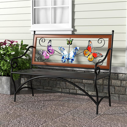 39.7" Outdoor Bench, Garden Bench, Patio Bench with Armrest, Slatted Seat and Butterfly Pattern