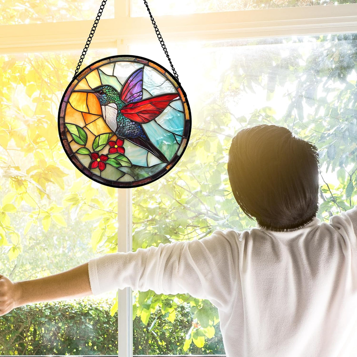 Stained Glass Window Hanging, Hummingbird Gifts Sun Catchers Diamond Glass Panel Hangings Birds