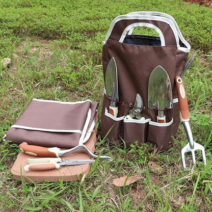 Brown Gardening Tools Set 12-Piece, Garden Hand Tool Kit with Non-Slip Ergonomic Handle, Storage