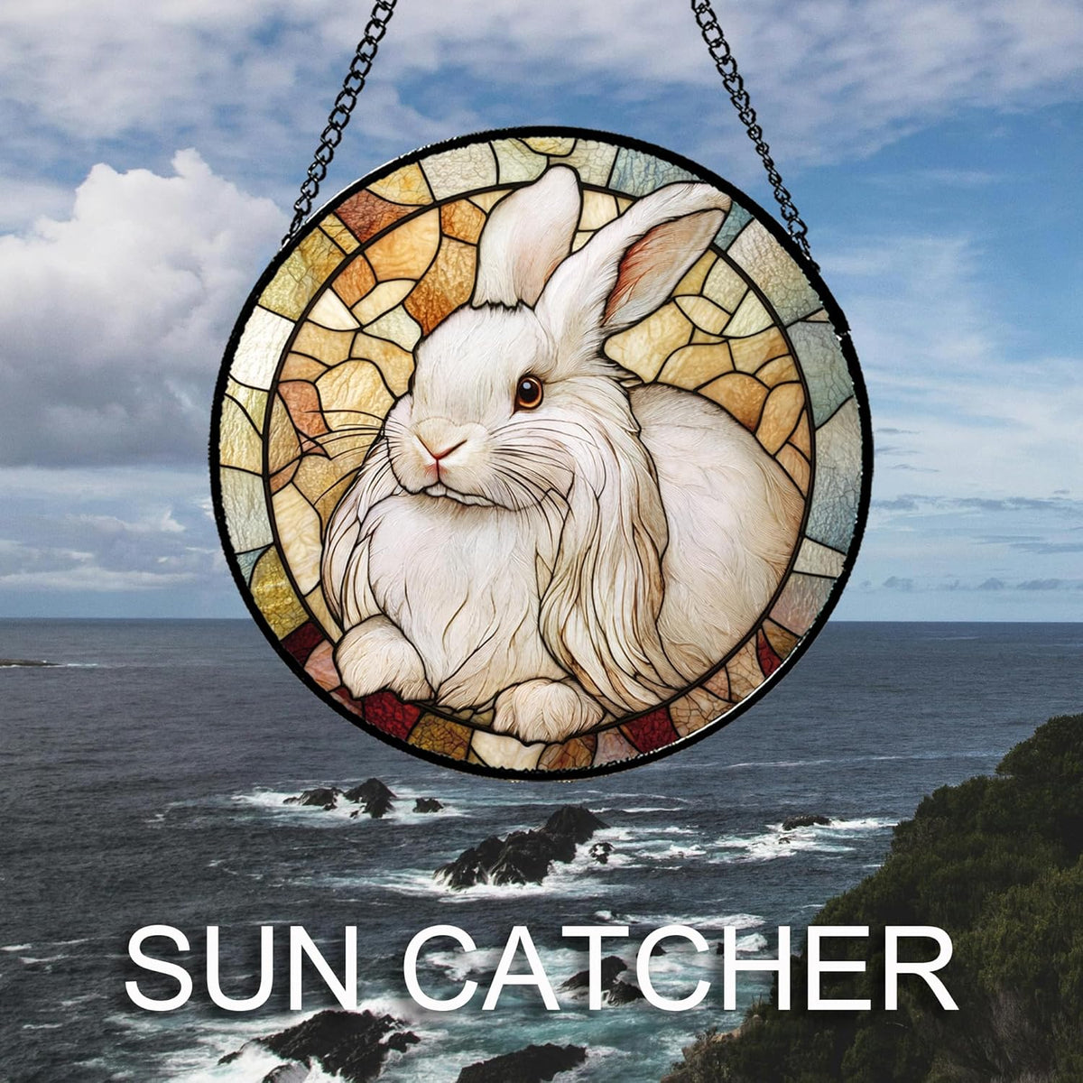 Stained Glass Window Hanging Cute White Angora Rabbit 6.3" - Bunny Suncatcher Door Garden Sunroom
