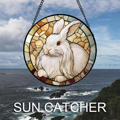 Stained Glass Window Hanging Cute White Angora Rabbit 6.3" - Bunny Suncatcher Door Garden Sunroom