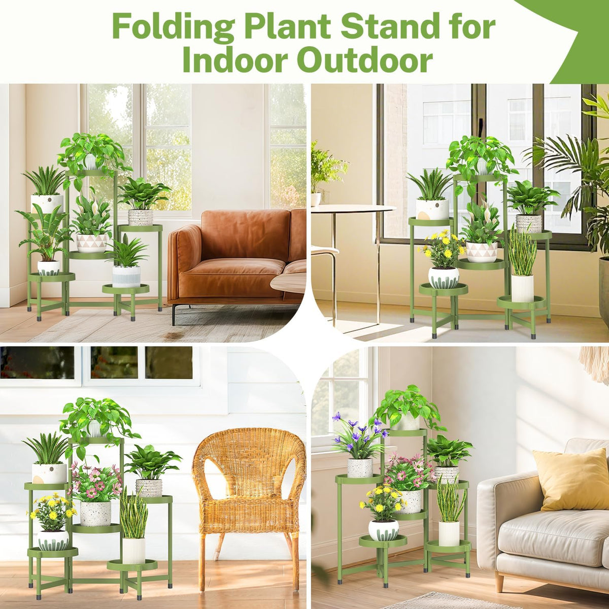 iDavosic.ly 6 Tier Folding Plant Stand Indoor Outdoor with Plastic Tray, Tiered Corner Flower