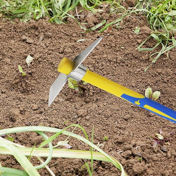 2 PCS Garden Hoe Tools, Stainless Steel Cultivator Hand Tiller and Hand Pick Axe with Fiberglass