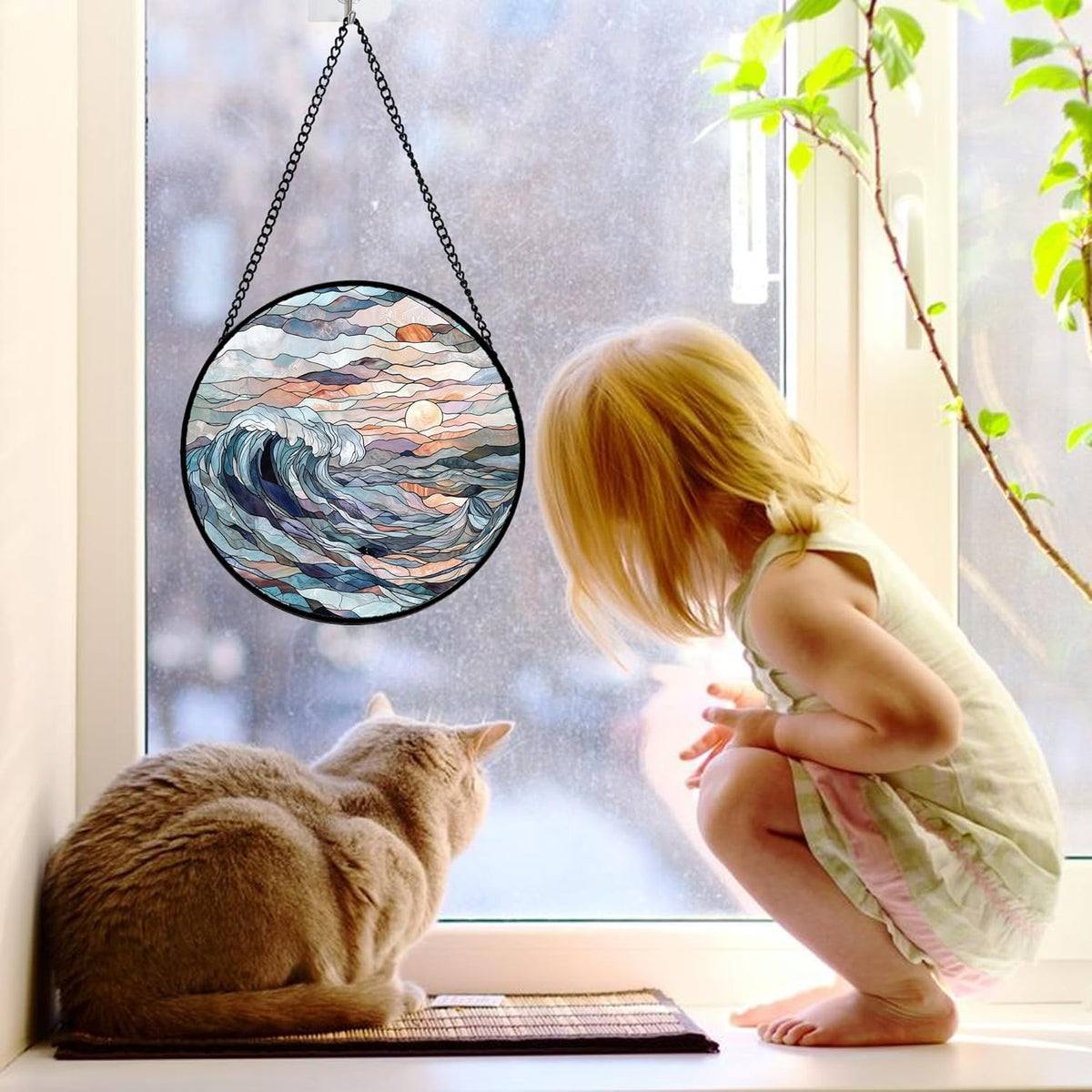 Stained Glass Window Hanging, Sunrise Waves Sun Catchers Diamond Glass Panel Hangings Abstract