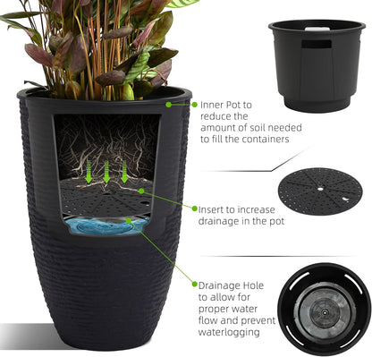 WORTH Garden 2-Pack 21" H. Black Tall Planters with Inside Pots - 14'' Dia Plastic Large Round