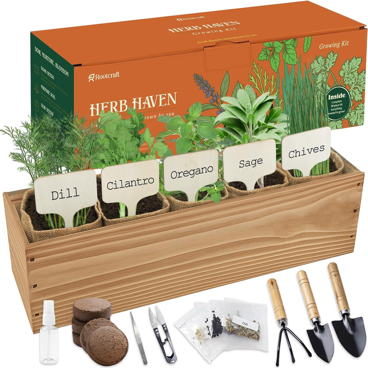 5 Herb Garden Planter Indoor with Wooden Box, Home Kitchen Seed Starter Kit Including Dill