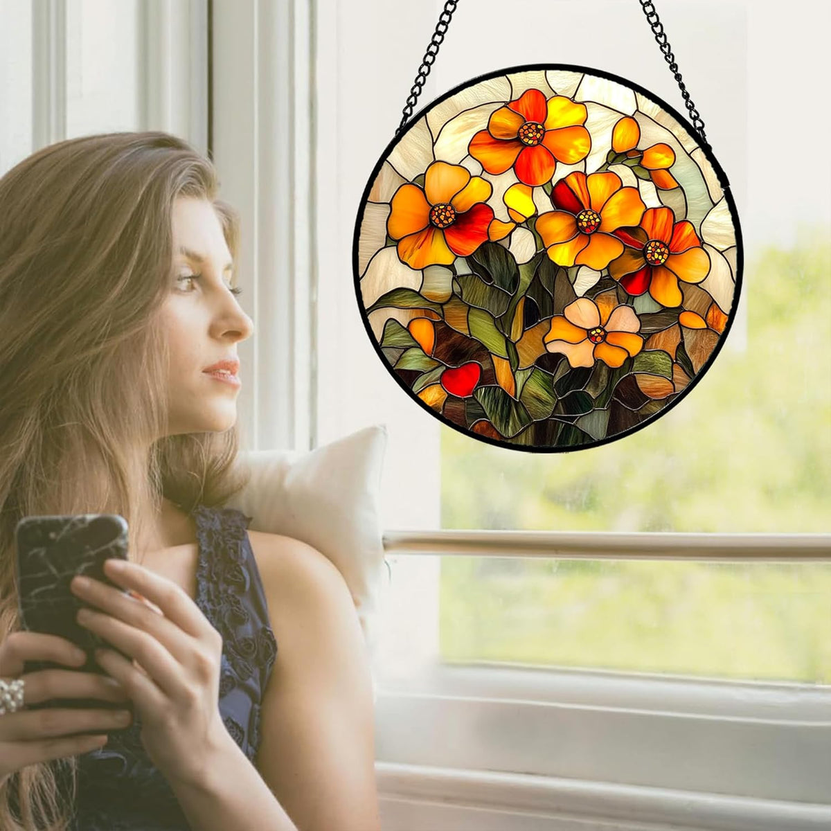 Stained Glass Window Hanging - Orange Marigolds Flowers Suncatcher for Door Garden Yard Sun