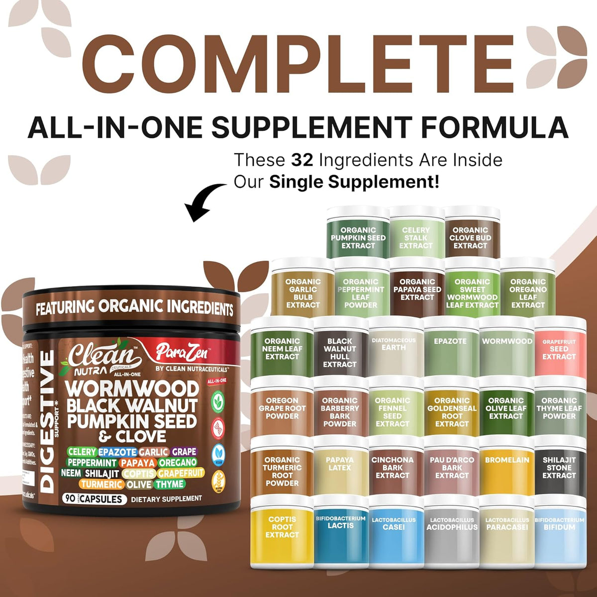 Clean Nutra Wormwood Black Walnut Pumpkin Seed Clove Oil Celery Garlic Grape Papaya Neem
