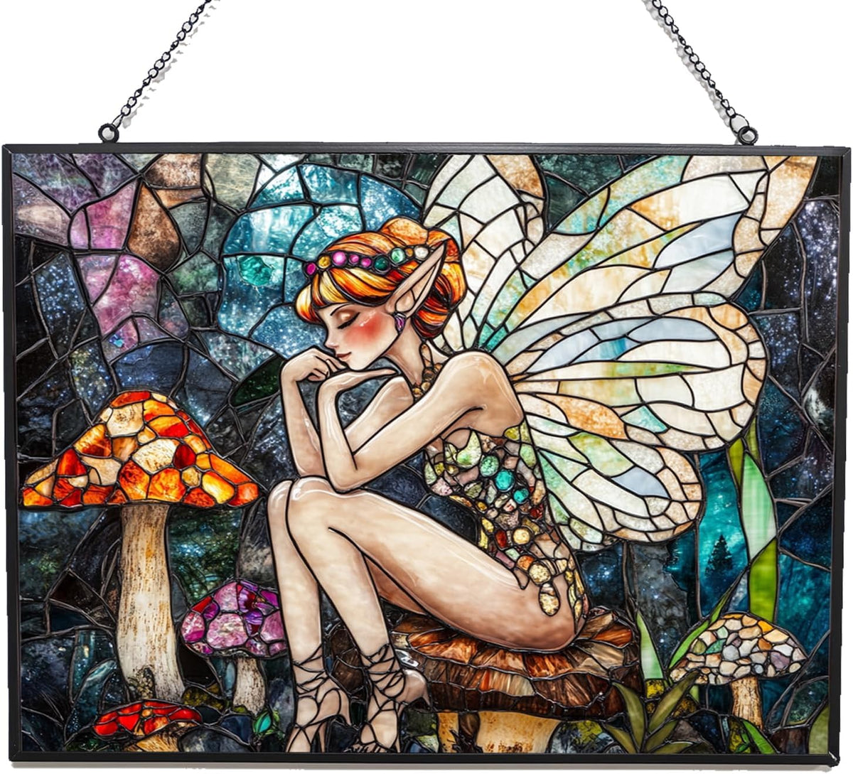 Customized Rectangle Boho Fairy On Mushroom Stained Glass Window Hanging, Stained Glass Suncatcher