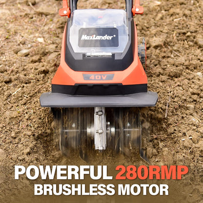 MAXLANDER Cordless Tiller Cultivator, 40V 12-Inch Brushless Battery Powered Garden Tiller with 4