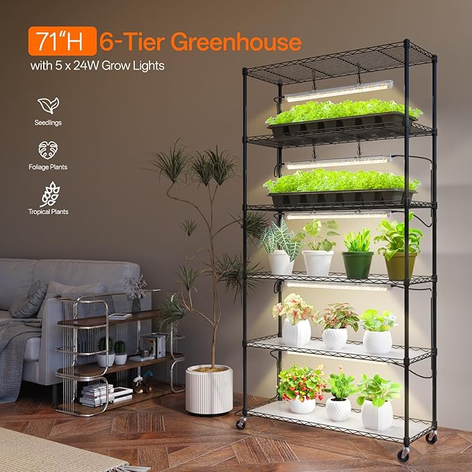 Bstrip Plant Shelf with Grow Light, Metal Plant Stand with Adjustable Rack and Wheels, 5 Pack T8