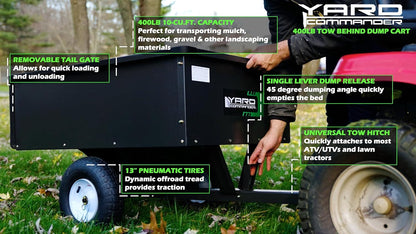 Yard Commander - 400LB Heavy Duty Tow Behind ATV Trailer Steel Dump Cart - 10-Cubic Feet Capacity