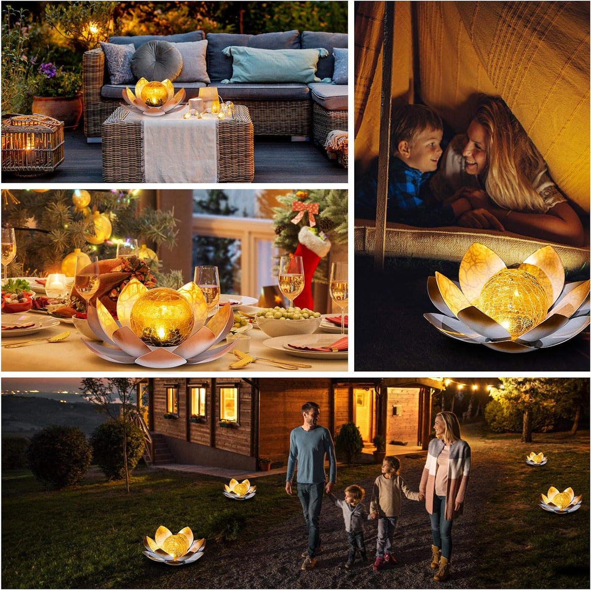 Garden Solar Lights Outdoor(2Pack) , Amber Crackle Globe Glass Lotus Decoration , Waterproof Orange