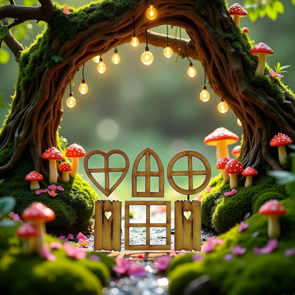 6Pcs Brown Wooden Fairy Garden Door, Blank Door Fairy House Doors and Windows Ornaments Tree
