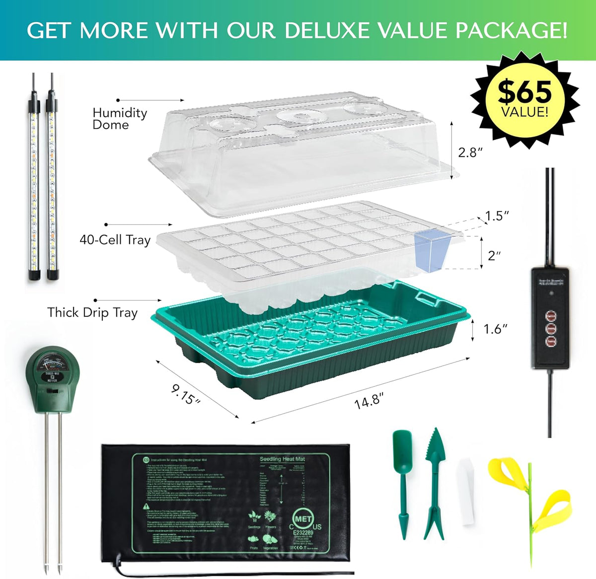 Upgraded Seed Starter Tray with Grow Lights and Heat Mat, 3-in-1 Soil Meter, & Sticky Gnat Traps