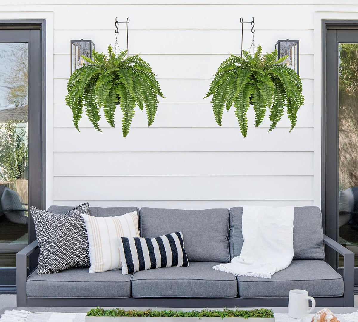 Hollyone 33" Artificial Boston Fern Hanging Basket Large 39 Leaves Fake Ferns in Rattan Pot