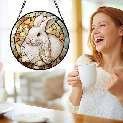 Stained Glass Window Hanging Cute White Angora Rabbit 6.3" - Bunny Suncatcher Door Garden Sunroom