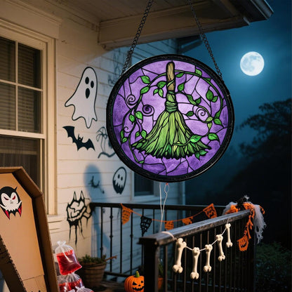 Stained Glass Window Hanging - Halloween Decorations Witch Magic Broom Suncatcher for Doors Garden