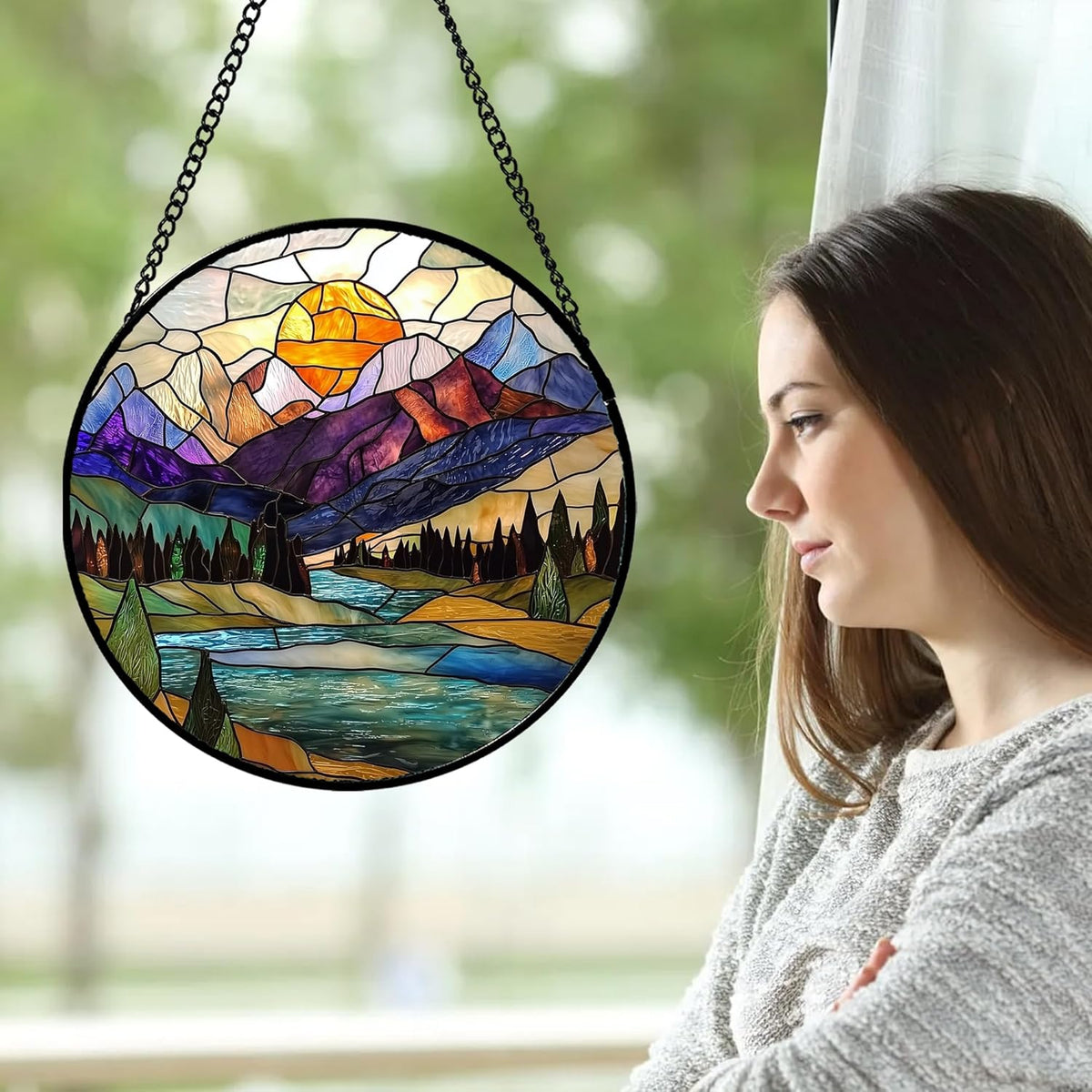 Stained Glass Window Hanging, Blue Lake Golden Sun Abstract Mountains Landscape Suncatcher for