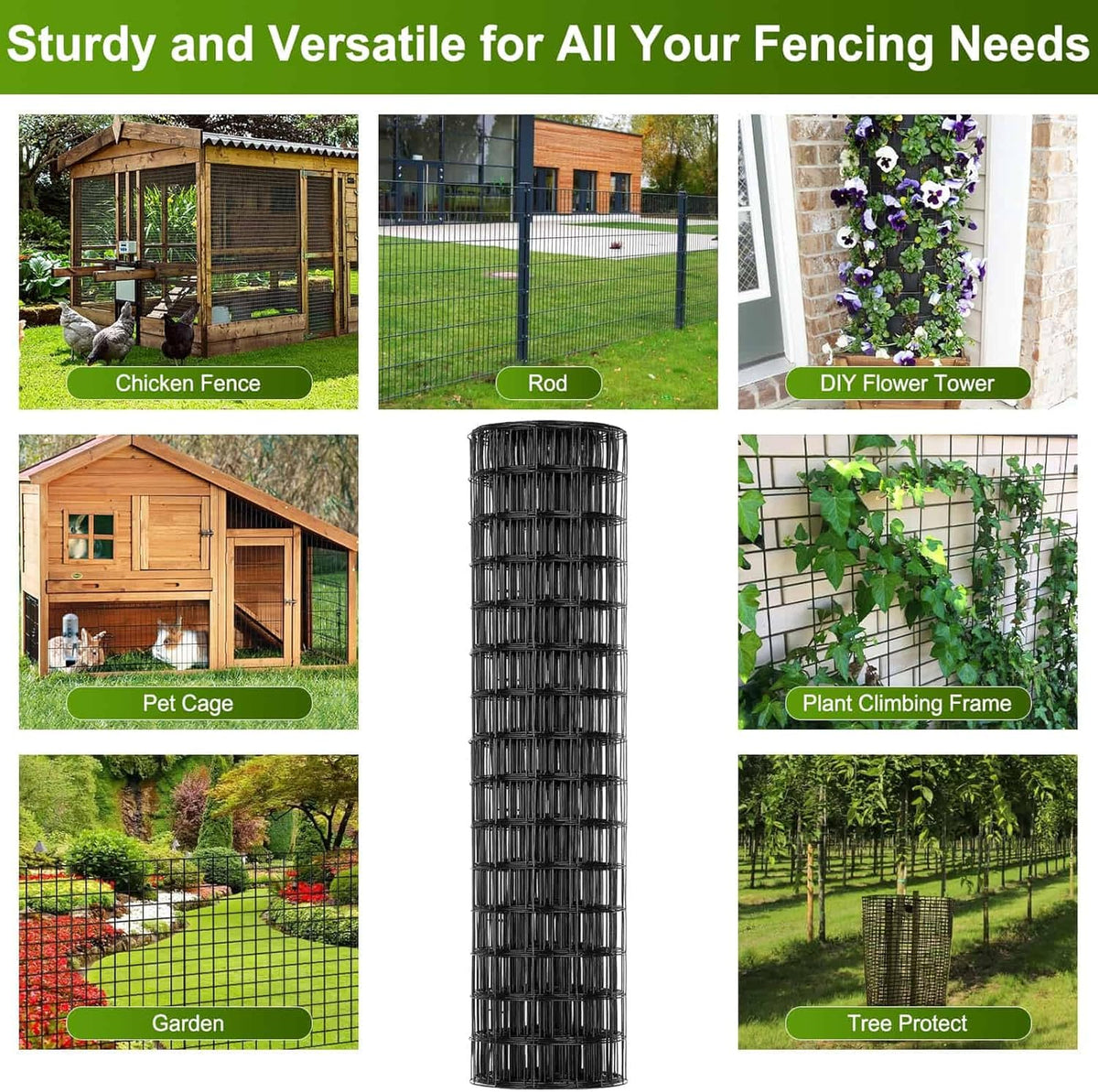 Black Welded Wire Fence 36 Inch x 59 Foot, 2.4" x 2.4" 14GA PVC Coated Wire Fencing for Garden Bed