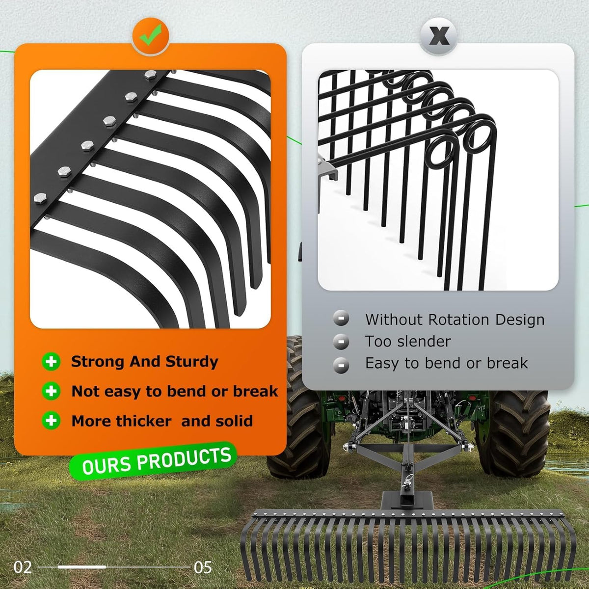 KUAFU 60" Landscape Rake, 3 Point Rake 360 Rotation Compatible with Category 1 Cat1 Compact
