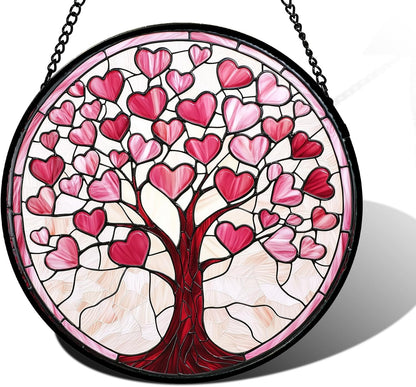 Stained Glass Window Hanging, Pink Love Heart Tree Suncatcher Hangings Beige Sun Catchers Decor for
