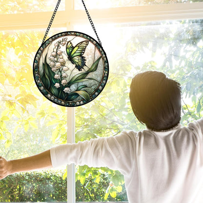 Stained Glass Window Hanging, Lily of The Valley Flower Butterfly Suncatcher for Doors Home Sun