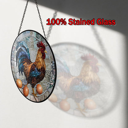 6" Rooster and Eggs Stained Glass Suncatcher Art Glass Cock Eggs Sun Catcher Indoor Window Gift for