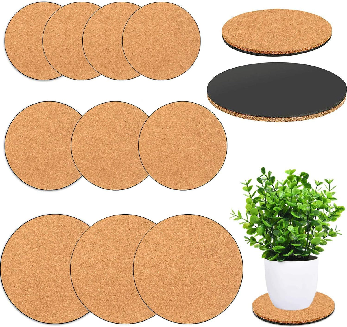 10 Pieces 3 Sizes Cork Plant Coasters, 4/6/8 Inch Cork Plant Mats, Cork Coaster for Planters, Plant