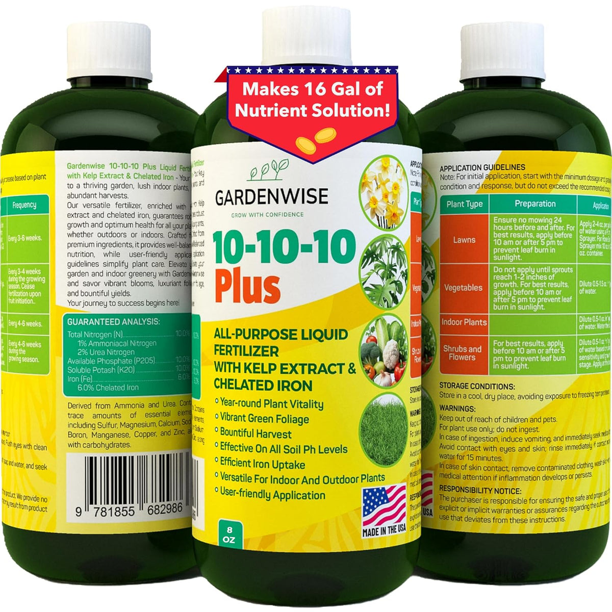10-10-10 All Purpose Plant Food - Liquid Fertilizer with Seaweed Kelp & Iron - Indoor & Outdoor