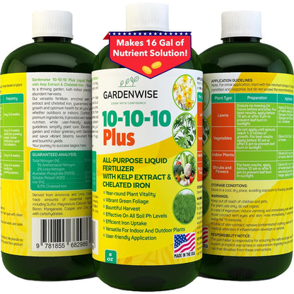 10-10-10 All Purpose Plant Food - Liquid Fertilizer with Seaweed Kelp & Iron - Indoor & Outdoor