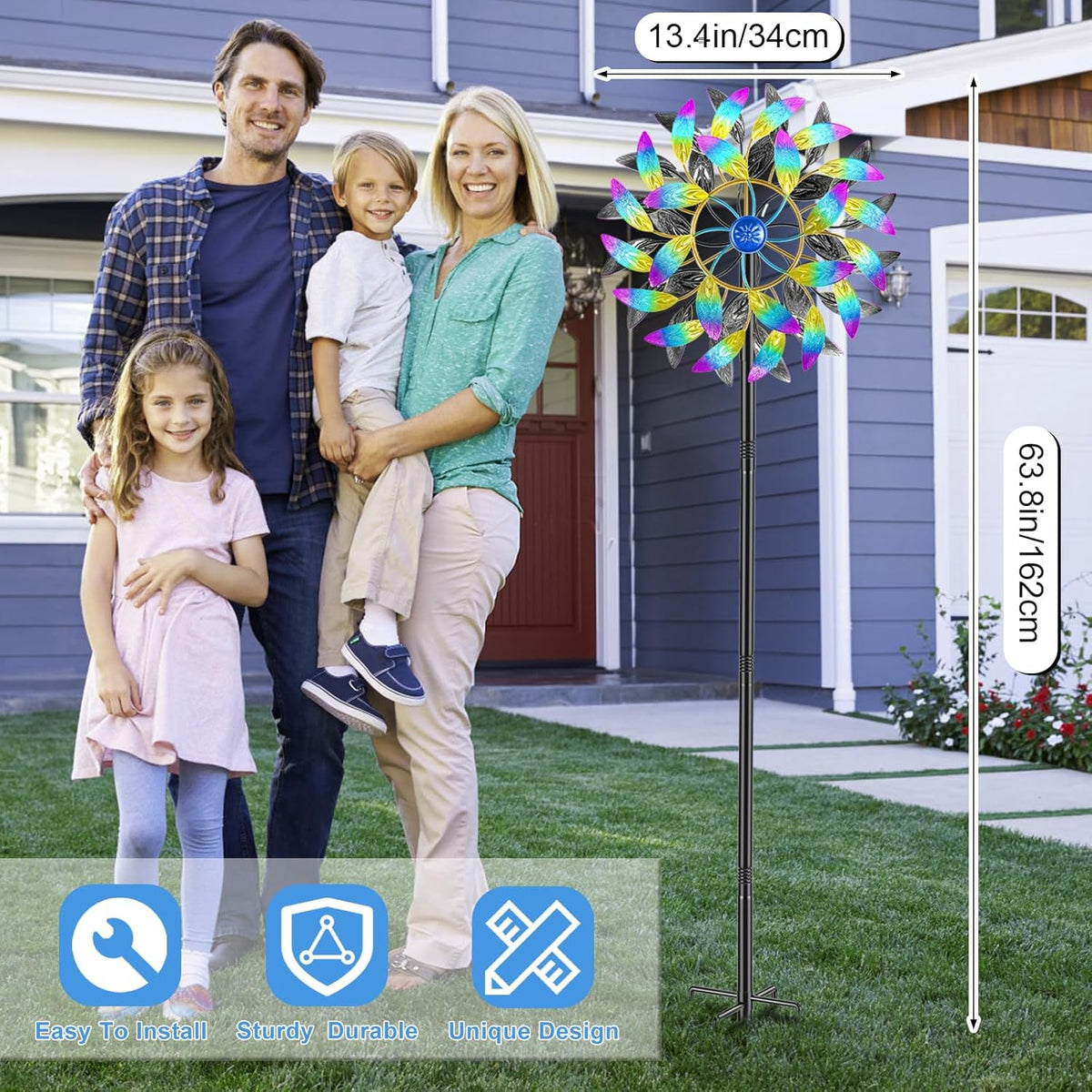 Metal Outdoor Wind Spinner, 2-Way Wind Sculpture Spinner with Metal Stake, Waterproof 360 Degrees