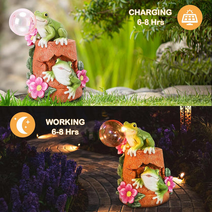 Afirst Solar Garden Outdoor Statues Frog Solar Garden Statue Blowing Bubble with Flowers Waterproof
